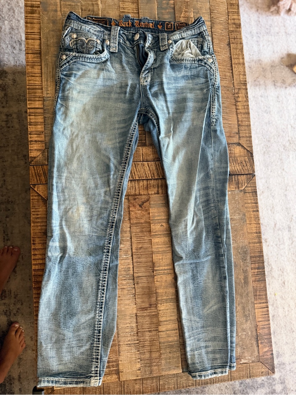 Rock Revival Men's Light Blue Straight Jeans with Embroidered Pockets